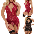 Miniatyrbillede 2 af 5: Sensuelle Dameundertøj V Halter Spids Transparent Teddy Bodysuit Vinrød S