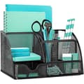 Mesh Desktop Organizer, Multifunctional Desk Storage & Pen Holder with 6 Storage Compartments and 1 Pull-out Drawer Black Black