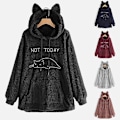 Miniatyrbilde 1 av 3: Oversized fleece-genser med katteører for kvinner Høst Vinter Pullover Dobbeltsidig plysjbroderi Grå Gray 4XL