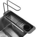 Udtrækkelig opvaskestativ i rustfrit stål til vask med bestikholder, svampeopbevaring og drypbakke, sort, 31,5-44,5 cm