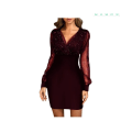 Pikkukuva 1 / 5: Verkkopaljettikangas V-kaula-aukkoinen Slim-Fit seksikäs mekko Wine Red M