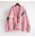 Stickad kofta med broderi för kvinnor, V-ringad design Pink
