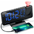 Miniatyrbild 1 av 5: Projektor Väckarklocka med Radio, Digital Klocka, USB Väckarklockradio med Dubbla Alarm och 7 LED Spegelskärm (Blå Text), av DEBUNS