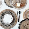 Miniatyrbild 4 av 5: Set med 4 Boho Vävda Runda Bordsunderlägg Handgjorda Bordsmattor Vävd Jute Tofsmatta Retro Bordsdekor Frans Bomull Kaffematta Vattentät (Boho Mix)