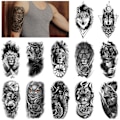 Miniatyrbillede 2 af 3: 12 ark Wolf Lion Midlertidige Tatoveringer Mænd Kvinder Arm, 3D Midlertidig Tatovering Voksne Børn Hals, Sort Skræmmende Skalle Halloween Falsk Ta