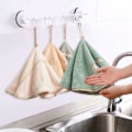 Miniatyrbild 5 av 5: 4-pack Hängande Handdukar med Hängögla Absorberande Korallfleece Badrumshanddukar Mjuka Tjocka Disktrasor Runda Handdukar (4 Färger-C)