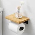 Sort Selvklæbende Toiletpapirholder med Bambushylde, Vægmonteret Uden Boring, SUS304 Rustfrit Stål, BPH220BADM-BK, af DEBUNS