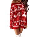 Miniatyrbillede 2 af 4: Dame Juleprint Langærmet Strikket Sweater Kjole Elg Print Strikket Langærmet Kjoler Jul Stræk Sweatre Midi Kjole Rød Red XL