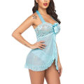 Miniatyrbilde 2 av 5: Dameundertøy Stringtruse Mesh Åpen Halter Slip Kjole Sløyfe Oversize Light Blue 3XL