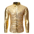 Pikkukuva 1 / 4: Miesten 70-luvun disco-paita, kiiltävä metallinhohtoinen paljetti-juhlapuku, pitkähihainen napitettava paita joulun cosplay-juhliin Gold L