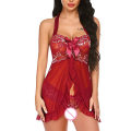 Miniatyrbillede 2 af 5: Dame Undertøj G-streng Mesh Åben Halterneck Slip Kjole Sløjfe Oversize Red 2XL