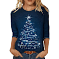Miniatyrbild 1 av 3: Julkläder för kvinnor, Glittrande Julgran, 3/4 Ärmar, Rundhalsad Topp, Lös Blus, Elegant & Casual, Plus Storlek, Grafisk T-shirt, Höstkläder 2024 #3 L