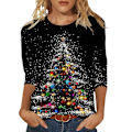 Miniatyrbild 1 av 3: Julkläder för kvinnor, Glittrande Julgran, 3/4 Ärmar, Rundhalsad Topp, Lös Blus, Elegant & Casual, Plus Storlek, Grafisk T-shirt, Höstkläder 2024 #1 L