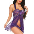 Miniatyrbillede 2 af 5: Dame Undertøj G-streng Mesh Åben Halterneck Slip Kjole Sløjfe Oversize Purple L