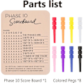 Pikkukuva 1 / 7: Phase 10 Pistetaulu, Puinen Phase 10 Pistetaulu ja Kierrosten Seuranta 8 Värillisellä Tapilla, Klassiset Perhe- ja Aikuisten Korttipelit (1 kpl)