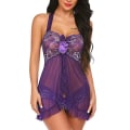 Miniatyrbilde 1 av 5: Dameundertøy Stringtruse Mesh Åpen Halter Slip Kjole Sløyfe Oversize Purple XL