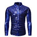 Pikkukuva 1 / 4: Miesten 70-luvun disco-paita, kiiltävä metallinhohtoinen paljetti-juhlapuku, pitkähihainen napitettava paita joulun cosplay-juhliin Blue L