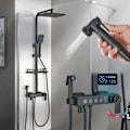 Miniatyrbillede 1 af 5: Sort termostatisk brusekabine med 40 °C blandingsbatteri, med 4 funktioner, højdejusterbar, til badeværelse