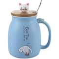 Miniatyrbilde 1 av 5: Keramisk Krus, Søtt Kattekrus for Kaffe, Kawaii Kattekopp med Lokk og Rustfritt Stål Skje, Kaffe- og Melkekrus, Blå, 420ML/14OZ