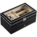Miniatyrbillede 4 af 5: Læder 6 Ur Boks Smykkeskrin og 9 Dele Brilleopbevaring og Solbrille Brille Display Skuffe Låsbar Etui Organizer, Sort