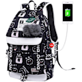 Miniatyrbillede 2 af 7: Rygsæk til teenagepiger Mellemskoleelever Skoletaske Udendørs Dagstursrygsæk Med USB-opladningsport Hvid Sort