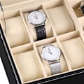Miniatyrbillede 5 af 5: Læder 6 Ur Boks Smykkeskrin og 9 Dele Brilleopbevaring og Solbrille Brille Display Skuffe Låsbar Etui Organizer, Sort