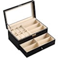 Miniatyrbillede 2 af 5: Læder 6 Ur Boks Smykkeskrin og 9 Dele Brilleopbevaring og Solbrille Brille Display Skuffe Låsbar Etui Organizer, Sort