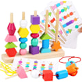 Miniatyrbild 1 av 5: Stapelspel, träleksak, 2-i-1, träsortering, stapelspel, trådspel, stapling och sortering, byggklossar, för barn från 2, 3, 4, 5 år