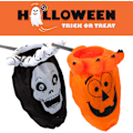 Pikkukuva 3 / 4: Karkki vai kepponen -kassi - Karkkikassi tikulla, saaliskassi, Halloween-kassi, pääkallokuvio, Halloween-asusteet, pelottavat juhlatarvikkeet