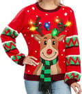 Lysende rensdyr grim juletrøje til kvinder med indbyggede pærer rød sort blå jul lang sweater top (S-XXL)