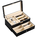Miniatyrbillede 1 af 5: Læder 6 Ur Boks Smykkeskrin og 9 Dele Brilleopbevaring og Solbrille Brille Display Skuffe Låsbar Etui Organizer, Sort