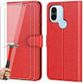 Miniatyrbillede 1 af 4: Etui til Redmi A1+/A2+ (A1 Plus/A2 Plus) + 2 hærdede briller, lædereffektbeskyttelse Magnetisk lukning - Rød Röd