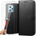 Miniatyrbillede 1 af 4: Etui til Redmi Note 12 Pro+ med 2 hærdede briller, lædereffekt Stødsikker fuld tegnebog sort Svart