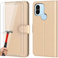 Miniatyrbild 1 av 4: Fodral för Redmi A1+/A2+ / A1 Plus/A2 Plus - Gyllene PU-läderplånbok + 2 härdat glasögon mot repor gyllene