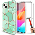 Miniatyrbillede 1 af 4: Etui + 2 hærdede briller til iPhone 15, slankt og elegant stødsikkert etui i turkis marmormønster