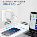 Miniatyrbillede 4 af 4: 65W 2-Port Fast PD 33W + QC 3.0 Adapter Oplader Hvid til Xiaomi 12 - 12X - 12 Pro - 12 Lite - 12T - 12T Pro