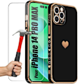 Miniatyrbillede 1 af 4: Cover til iPhone 14 Pro Max Sort Stødsikkert Luksus Love Heart-mønster og 2 hærdede briller