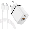 Miniatyrbild 1 av 4: Väggladdare 2 portar [PD + QC 3.0] + USB-C-kabel för Google Pixel 9/8/7 - 7 Pro - 6 - 6 Pro - 6A Vit