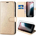 Miniatyrbild 1 av 4: Fodral för iPhone 16 Plus med 2 härdade glasögon, Anti-Scratch Syntetiskt Läder Flip Fodral - Guld