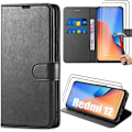 Miniatyrbillede 1 af 4: Etui til Xiaomi Redmi 12 4G-5G (ikke til Redmi Note 12) + 2 hærdede briller - Anti-ridse PU Læder Flip Cover - Sort
