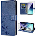Miniatyrbillede 1 af 6: Coque + 2 Gläser med Stødabsorberende Blå Marine Motif Butterfly til Xiaomi Redmi 14C, Ridsebeskyttelse i Syntetisk Læder marinblå