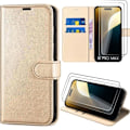 Miniatyrbillede 1 af 4: 2 hærdede briller + etui til iPhone 16 Pro Max, anti-ridse klap-etui i guld syntetisk læder