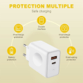 Miniatyrbild 2 av 4: Snabb laddare 30W - Vit - 2 portar USB-A och USB-C - USB-C-kabel 20W 1M - Kompatibel med iPhone 15/16 Vit