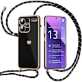 Miniatyrbillede 1 af 4: Lanyard-etui til Xiaomi Redmi Note 13 Pro+ 5G - Note 13 Pro Plus 5G, stødsikker TPU, hjertemønster, sort Svart