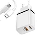 Miniatyrbild 1 av 4: 2-portars USB-C och USB-A snabb väggladdare + 1M USB-C-kabel för realme C25Y 21Y C21 C20 C11 Vit