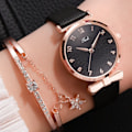 Miniatyrbild 1 av 6: Mode Damklockor Lyxig läderblomma Watch för kvinnor Dam Quartz Watch med set Reloj Mujer Leather Black Set
