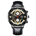 Miniatyrbild 1 av 6: Mode sportklockor för män Business rostfritt stål kvarts armbandsur Kalender Man Casual läder lysande watch Leather Black Gold