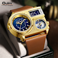 Miniatyrbild 2 av 6: Oulm 5026 New Dual Display Två tidszon Watch Man Big Dial Quartz Clock Timmar Herr Armbandsur i äkta läder silver