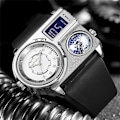 Miniatyrbild 4 av 6: Oulm 5026 New Dual Display Två tidszon Watch Man Big Dial Quartz Clock Timmar Herr Armbandsur i äkta läder gold black