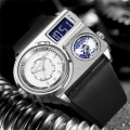 Miniatyrbild 4 av 6: Oulm 5026 New Dual Display Två tidszon Watch Man Big Dial Quartz Clock Timmar Herr Armbandsur i äkta läder gold black with box
